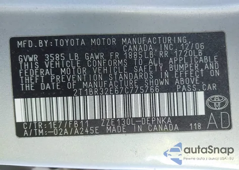 2007 Toyota Corolla Ce/Le/S из США, поврежденный, VIN 2T1BR32E67C775766